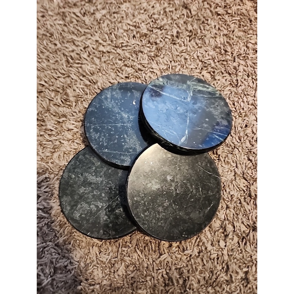 Set Of 4 Vtg Green Marble Coasters With Cork Backed Drink Holder Heavy Green